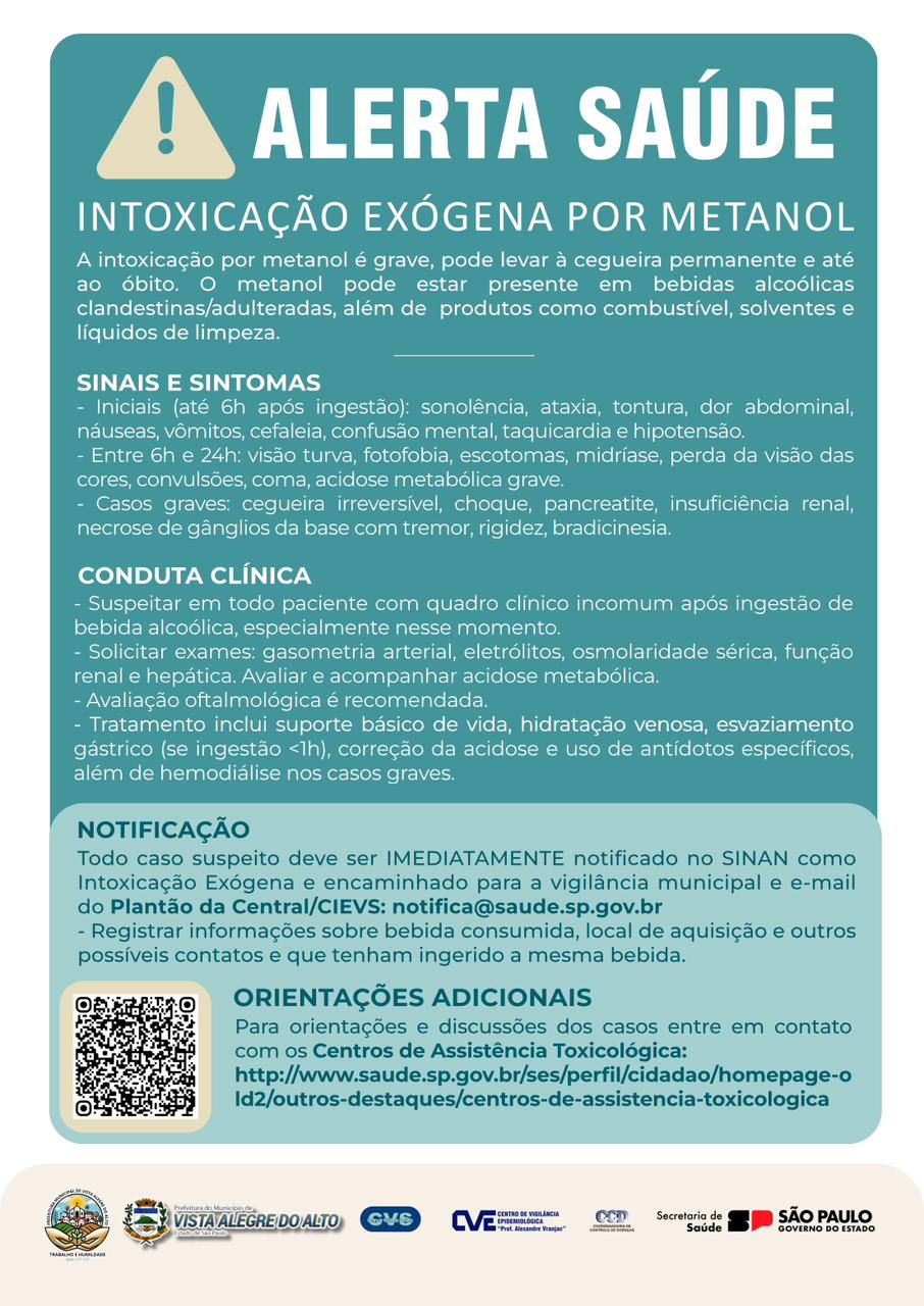 Atenção! Já foram registrados casos de intoxicação por bebidas adulteradas com metanol em São Paulo.

Esse tipo de álcool é extremamente perigoso e pode causar náusea, tontura, cegueira e até levar à morte.

Se depois de beber você sentir ânsia de vômito, dor abdominal, visão turva ou confusão mental, procure imediatamente um pronto-socorro. Não espere os sintomas piorarem.

Essa informação pode salvar vidas.